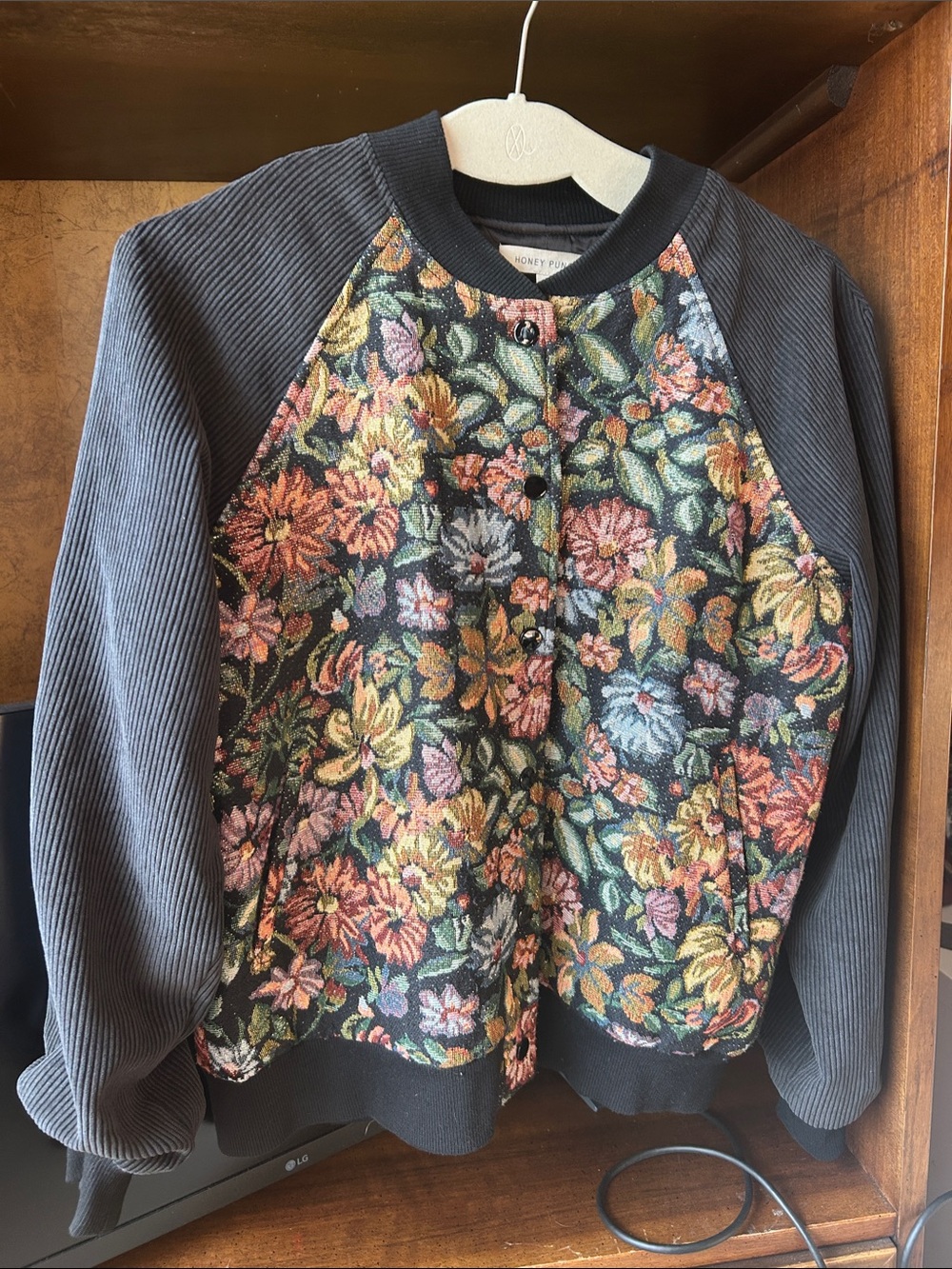 Black Raglan Floral-Front Button Jacket